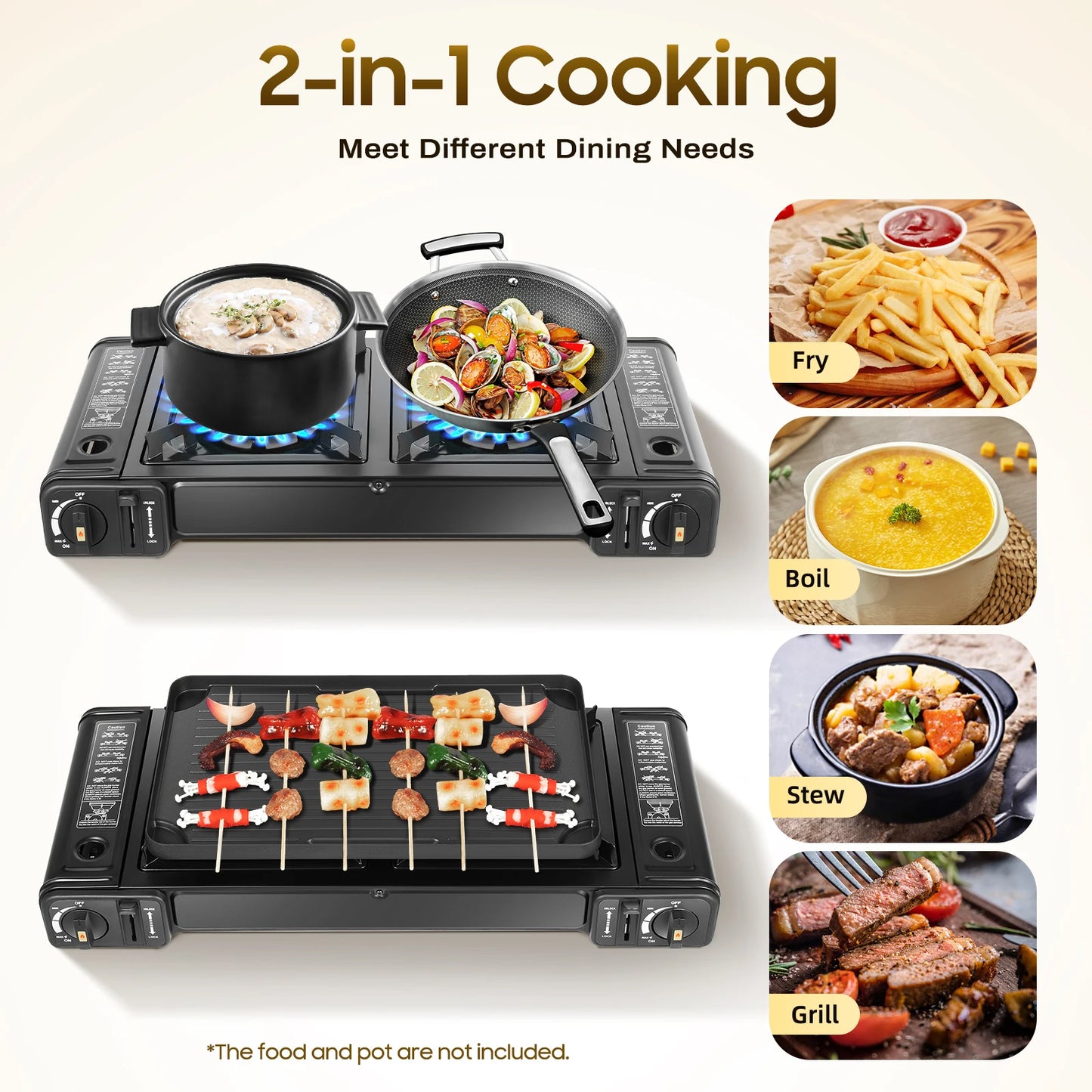 Portable Dual Burner Camping Stove With Grill Tray BBQ