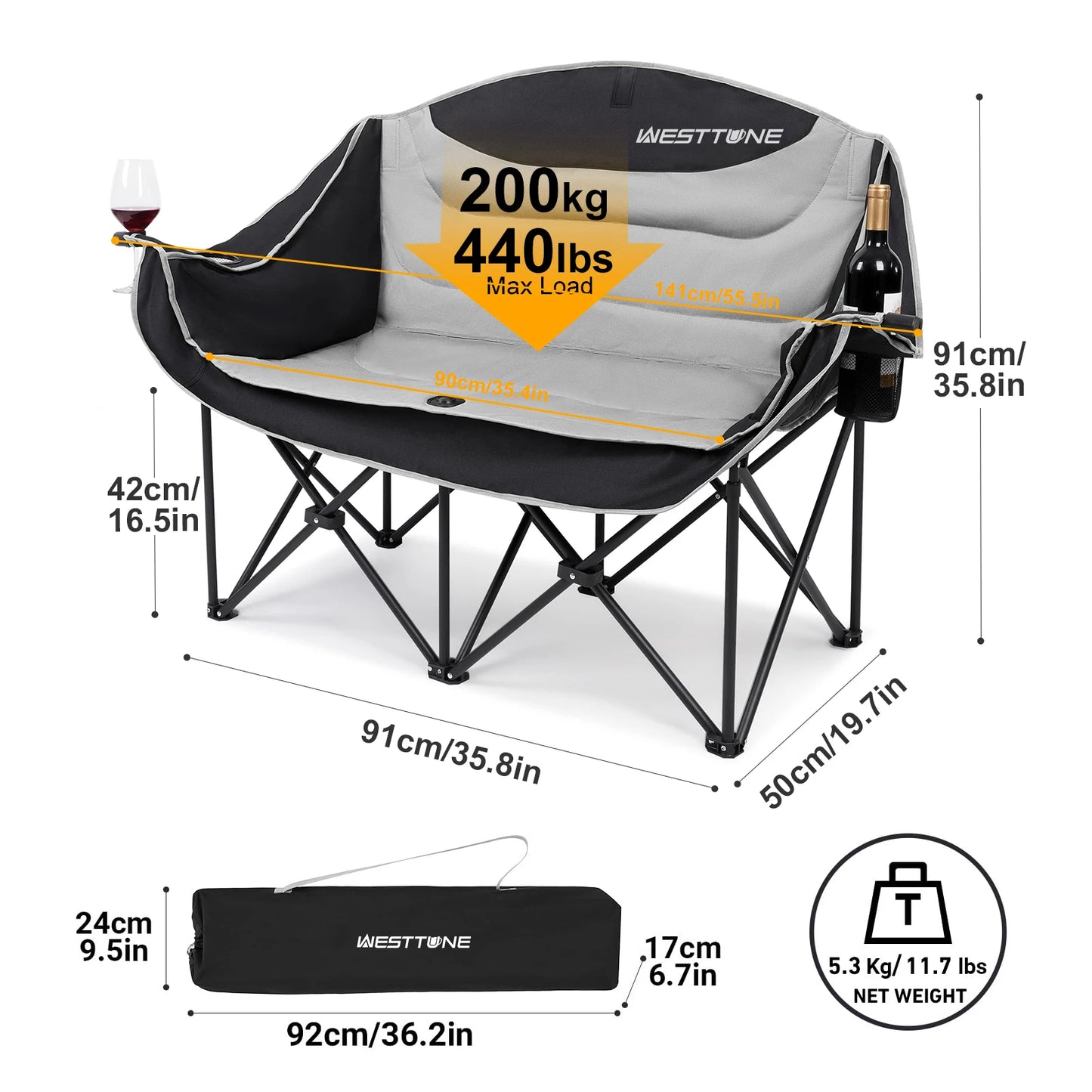 Westtune Double Camping Chair Oversized Loveseat Outdoor