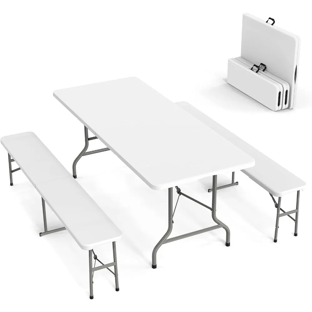 Picnic Table Set with 2 Benches, 6 Feet Camping Table Chair Set,3-Piece Folding Furniture for Indoor or Outdoor Use, Smooth Tab