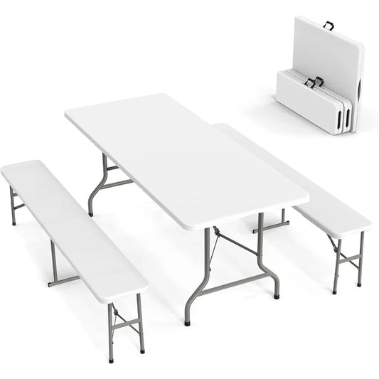 Picnic Table Set with 2 Benches, 6 Feet Camping Table Chair Set,3-Piece Folding Furniture for Indoor or Outdoor Use, Smooth Tab
