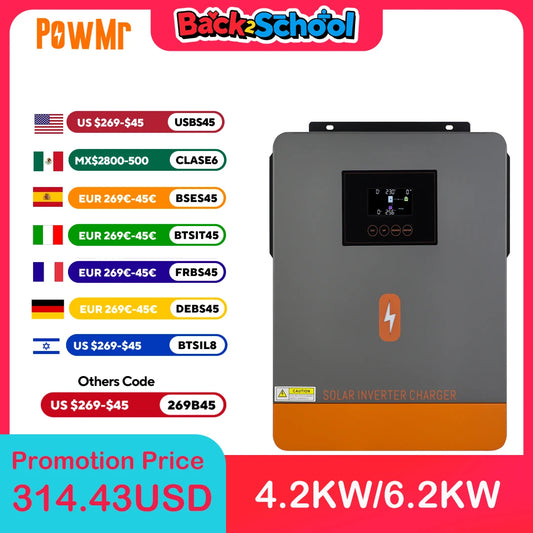 PowMr Hybrid Inverter 6.2KW 120A MPPT 24V 48V To 230V