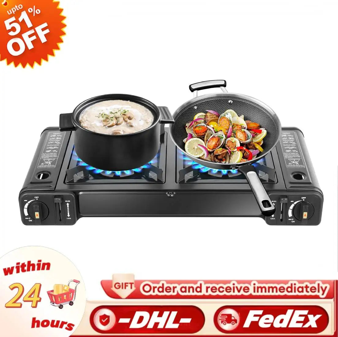 Portable Dual Burner Camping Stove With Grill Tray BBQ