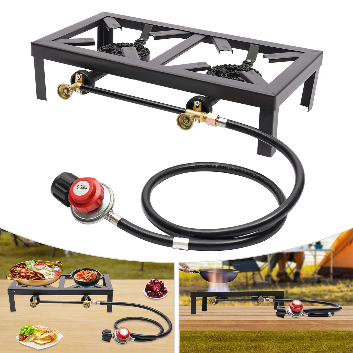 Portable Double Burner Outdoor Stove With Regulator Hose