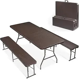 Picnic Table Set with 2 Benches, 6 Feet Camping Table Chair Set,3-Piece Folding Furniture for Indoor or Outdoor Use, Smooth Tab