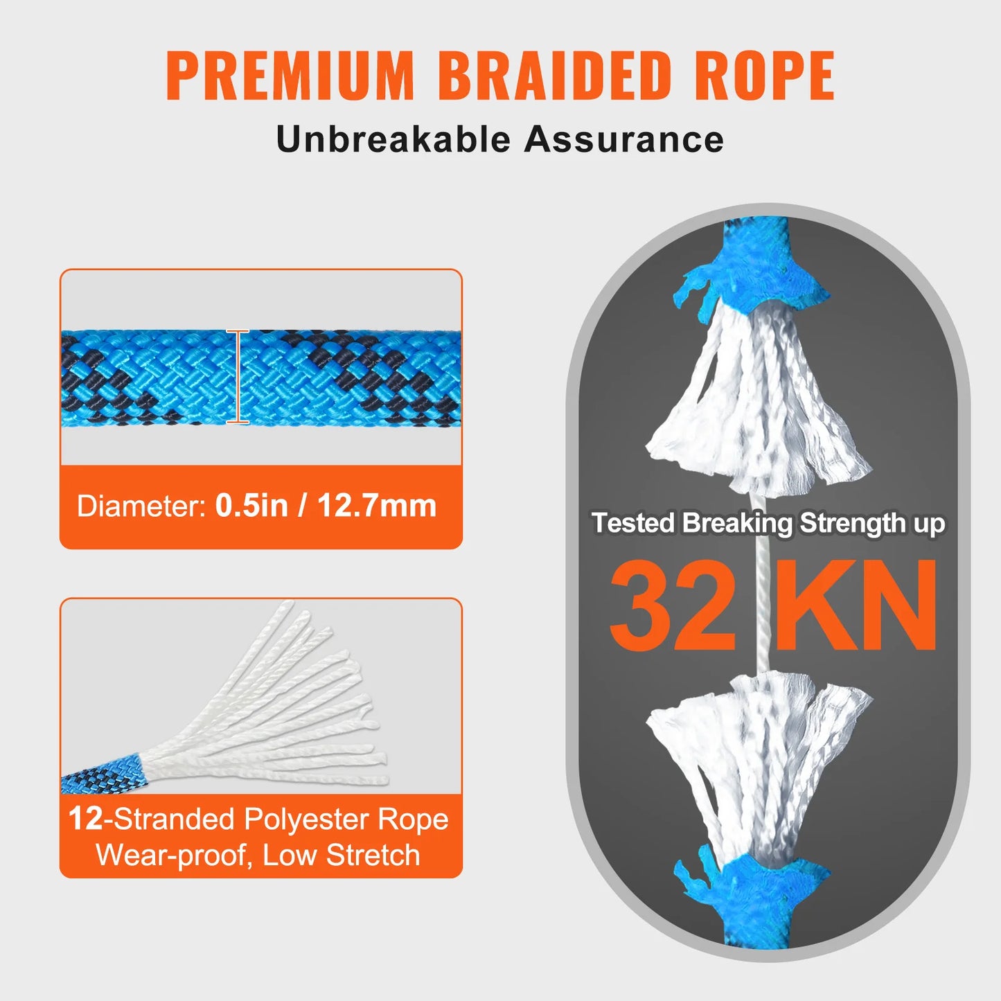 VEVOR Static Climbing Rope Durable Safety Fiber For Outdoor