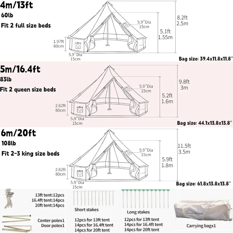 DANCHEL OUTDOOR Canvas Bell Tent With 2 Stove Jacks