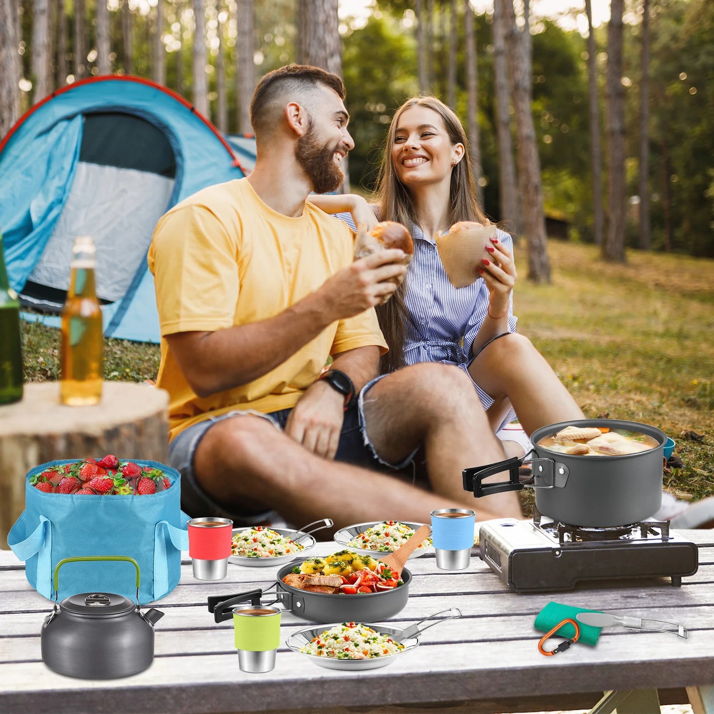 TOMSHOO Camping Pot Set Portable Aluminum Cookware Mess Kit