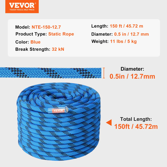 VEVOR Static Climbing Rope Durable Safety Fiber For Outdoor