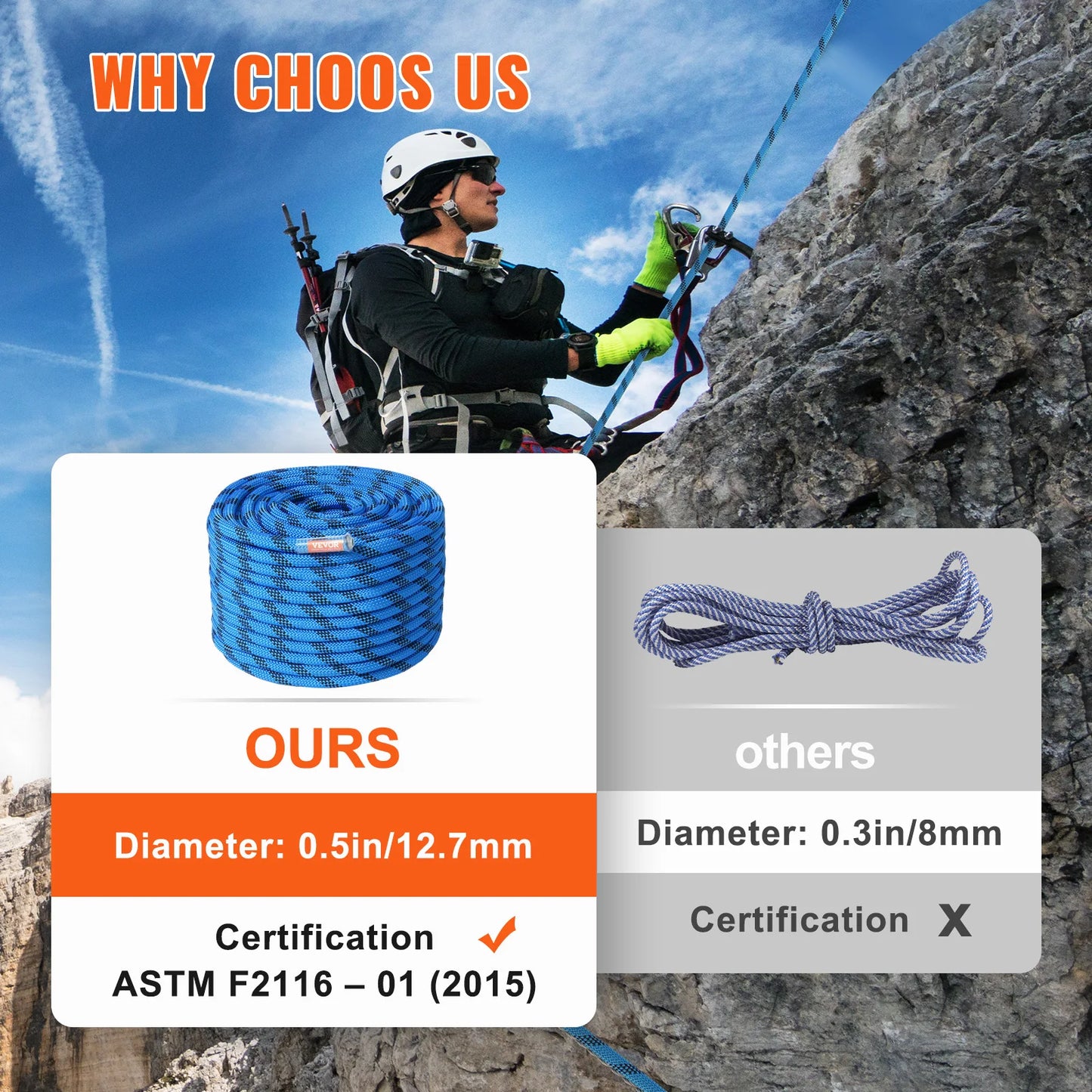 VEVOR Static Climbing Rope Durable Safety Fiber For Outdoor