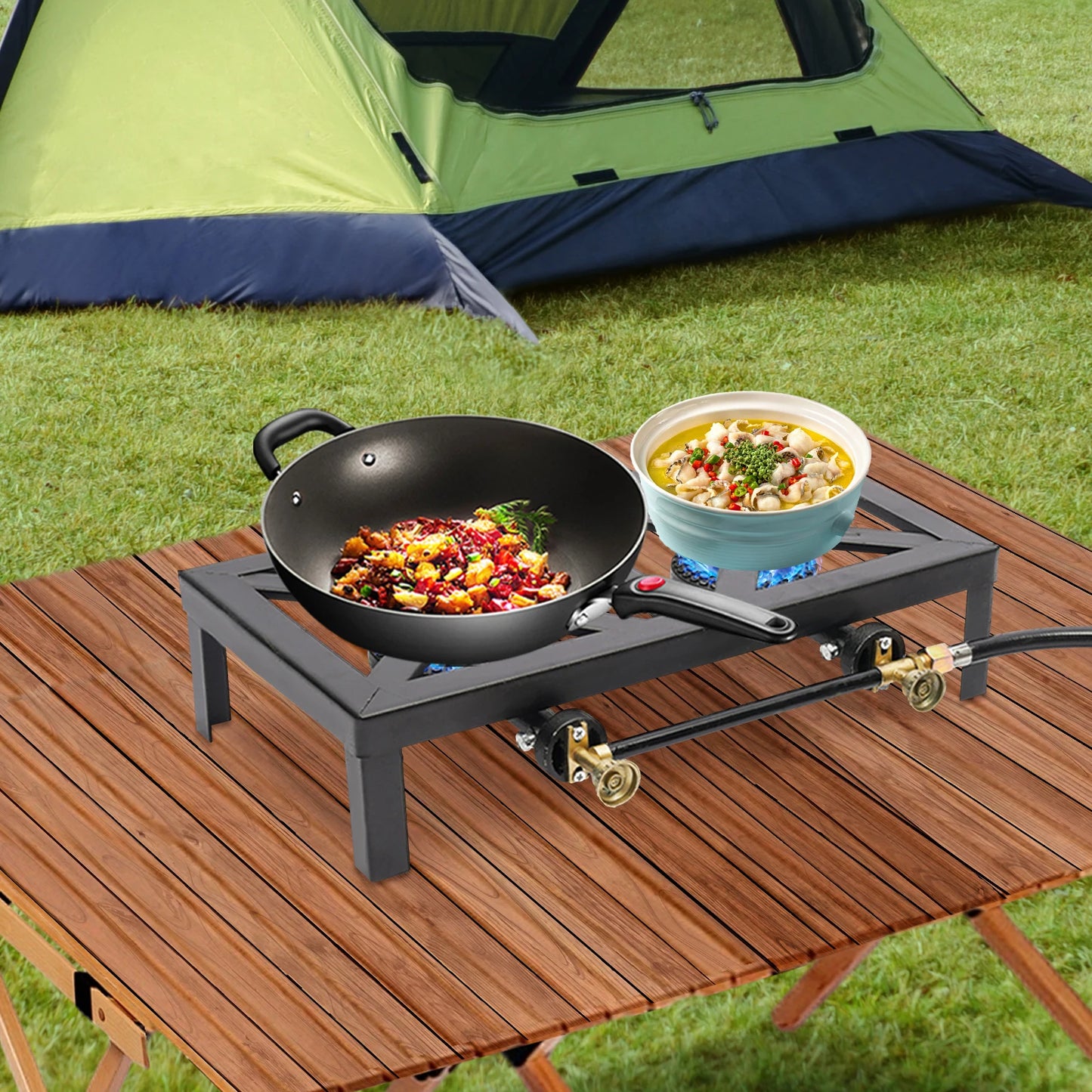 Portable Double Burner Outdoor Stove With Regulator Hose
