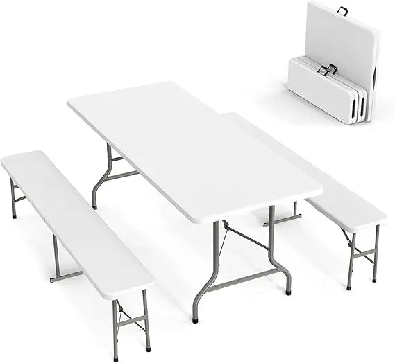 Picnic Table Set with 2 Benches, 6 Feet Camping Table Chair Set,3-Piece Folding Furniture for Indoor or Outdoor Use, Smooth Tab