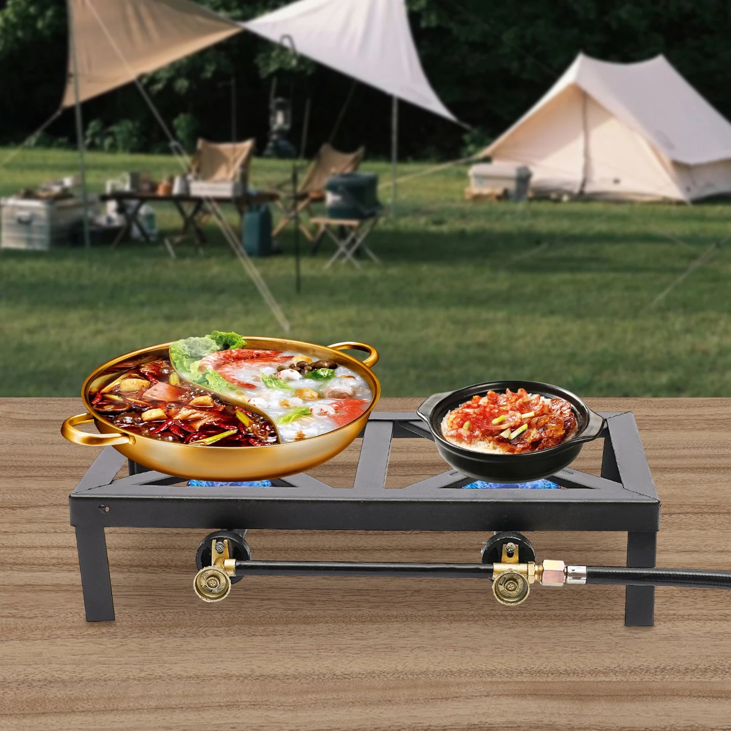 Portable Double Burner Outdoor Stove With Regulator Hose