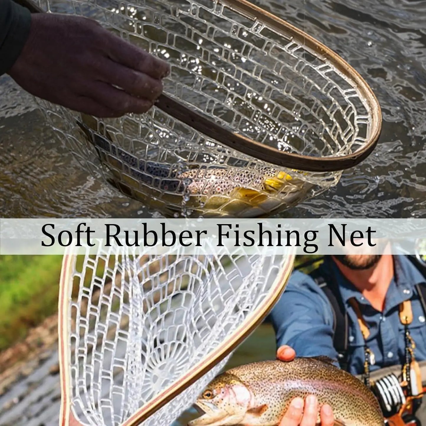 HiMIS Fishing Net Trout With Wooden Handle Rubber Mesh