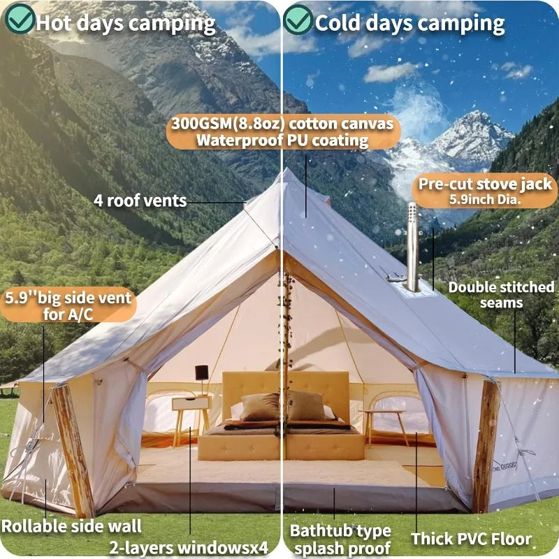 DANCHEL OUTDOOR Canvas Bell Tent With 2 Stove Jacks