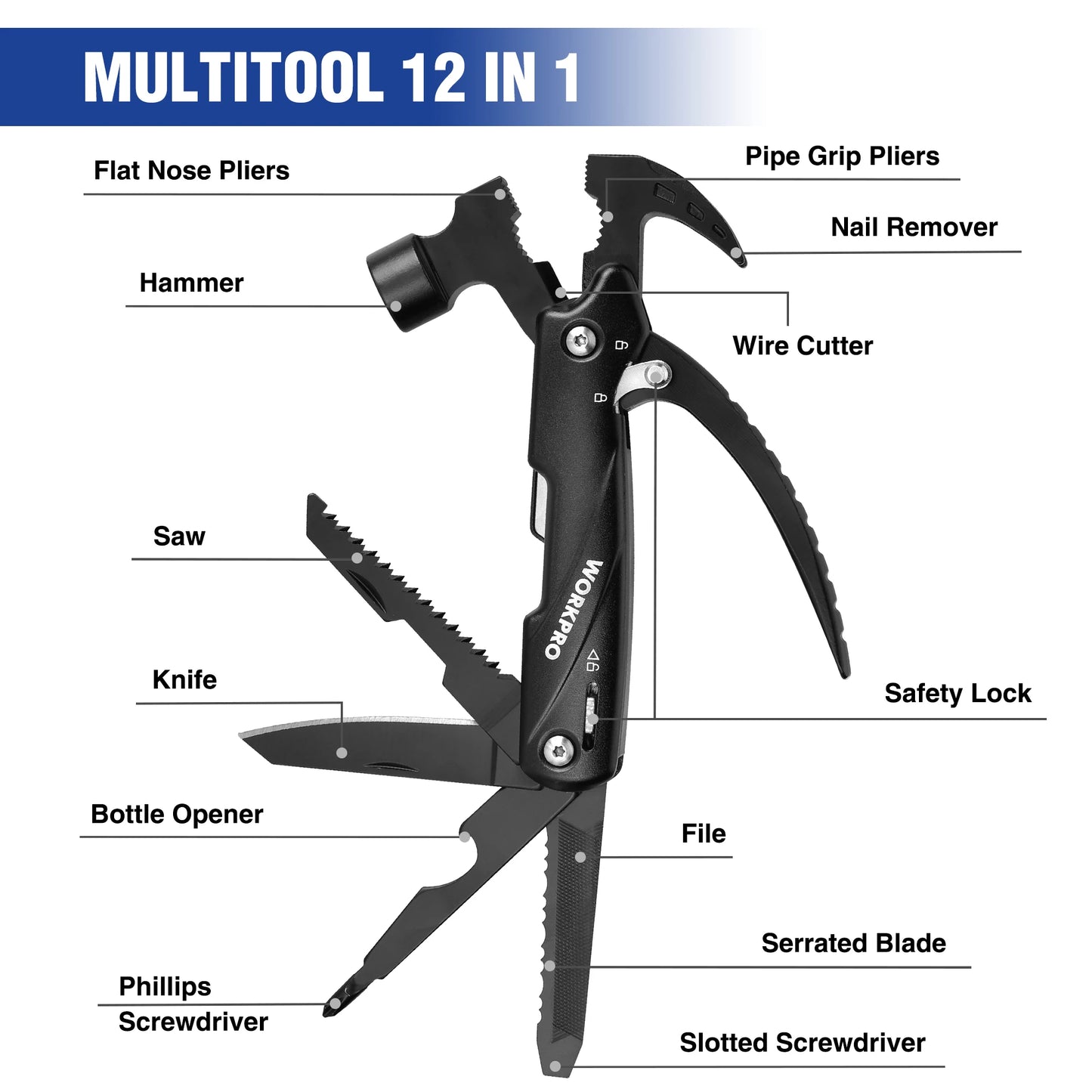 WORKPRO Multitool Hammer Claw With Sheath For Survival