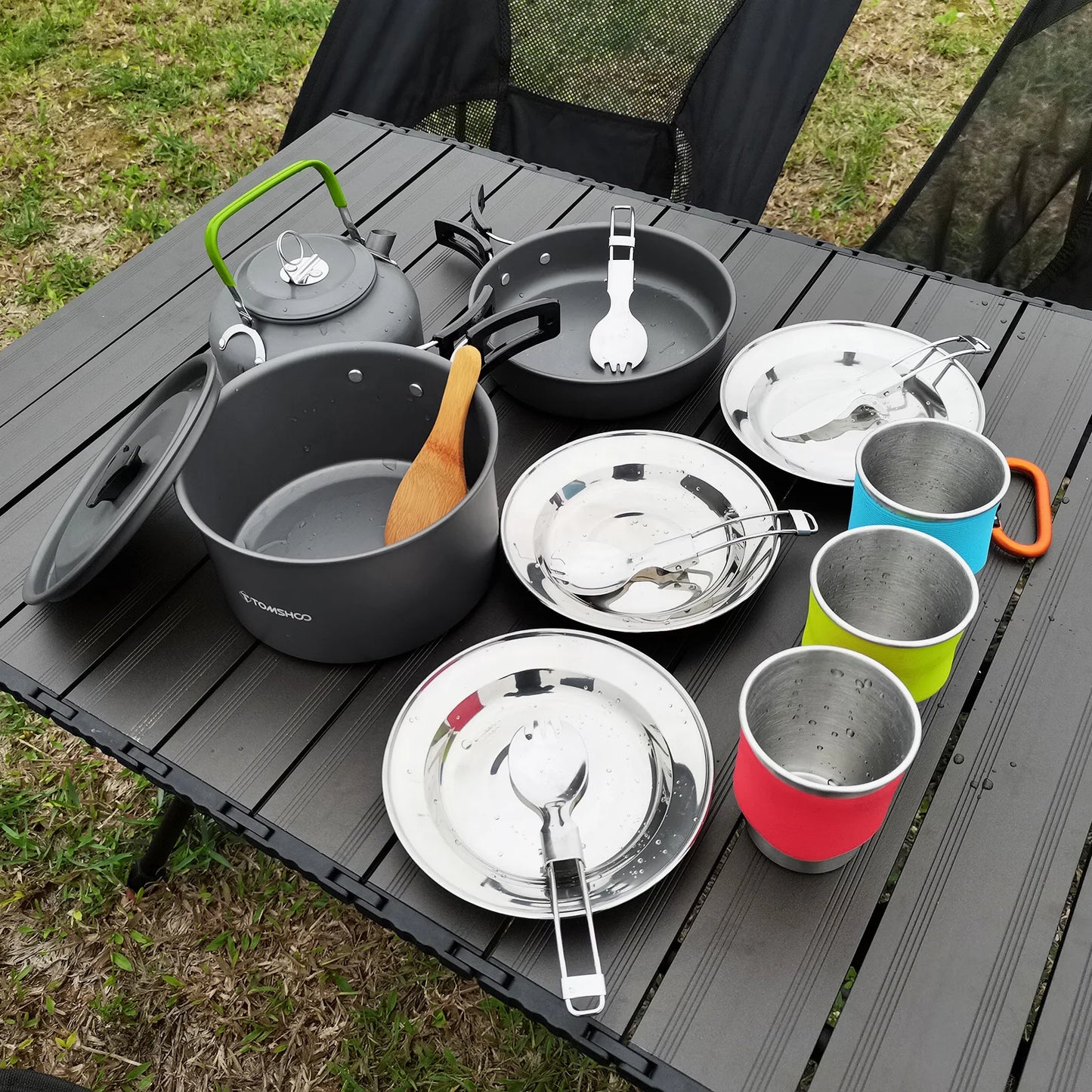 TOMSHOO Camping Pot Set Portable Aluminum Cookware Mess Kit