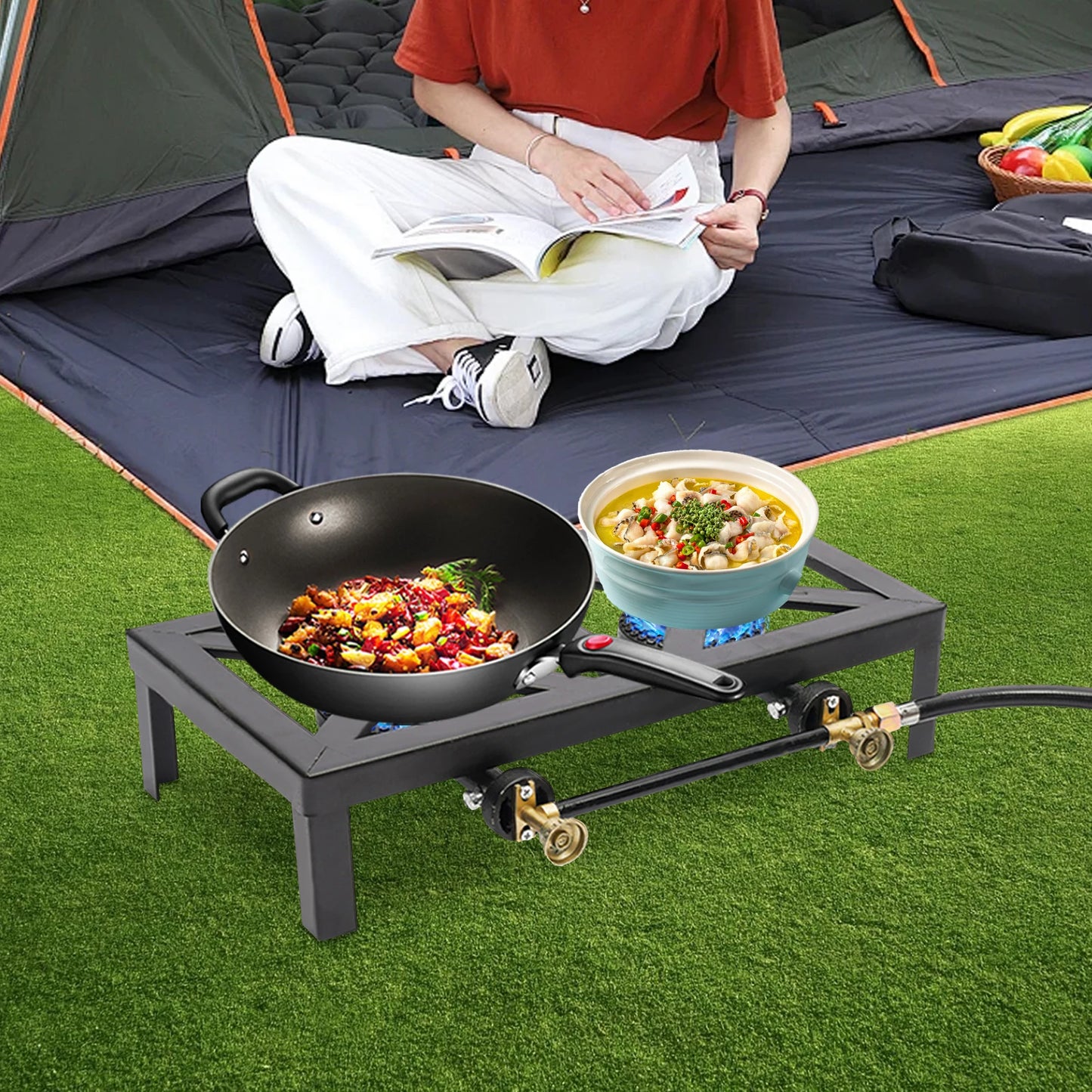 Portable Double Burner Outdoor Stove With Regulator Hose