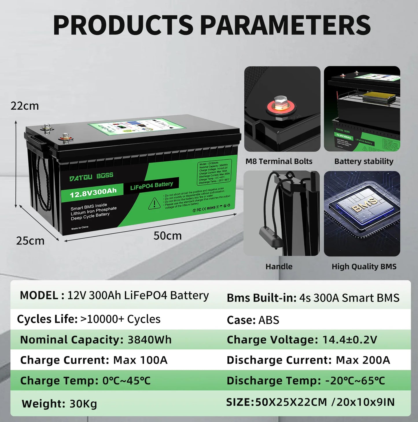 DATOUBOSS 12V 100Ah LiFePO4 Battery With 100A BMS High Cycle