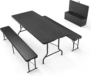 Picnic Table Set with 2 Benches, 6 Feet Camping Table Chair Set,3-Piece Folding Furniture for Indoor or Outdoor Use, Smooth Tab