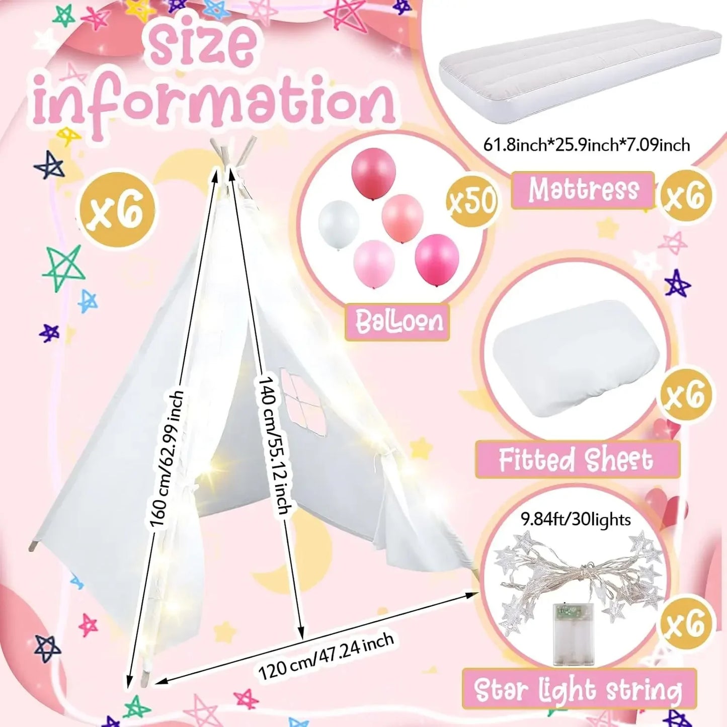 Hign-Concerned 6 Pack Sleepovers Teepee Tent For Kids