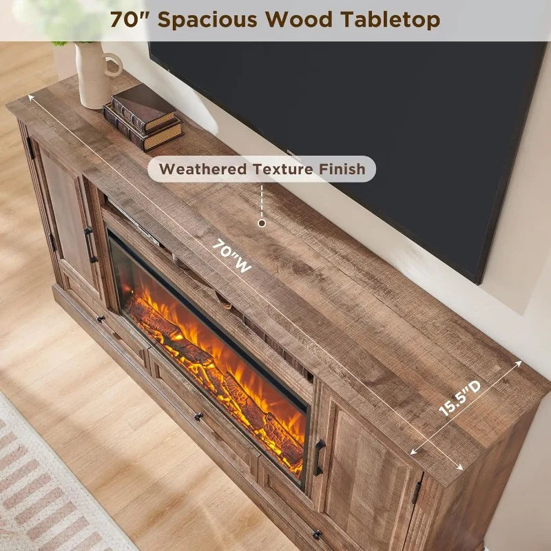 Fireplace TV Stand With Electric Fireplace And Farmhouse Storage Cabinets