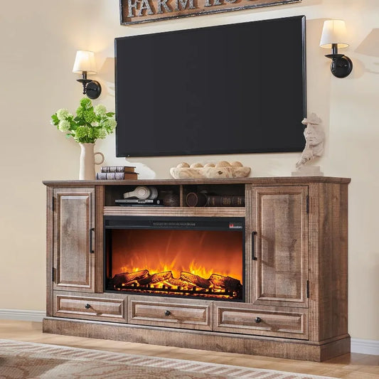 Fireplace TV Stand With Electric Fireplace And Farmhouse Storage Cabinets