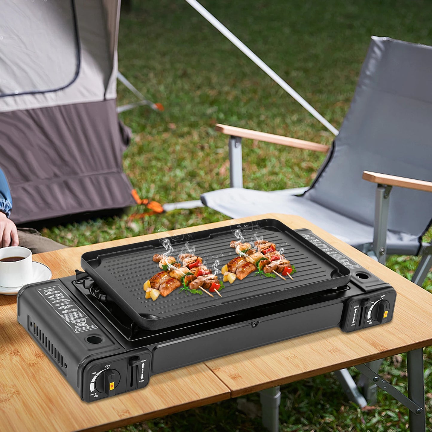 Portable Double Head Gas Stove With Baking Tray Outdoor