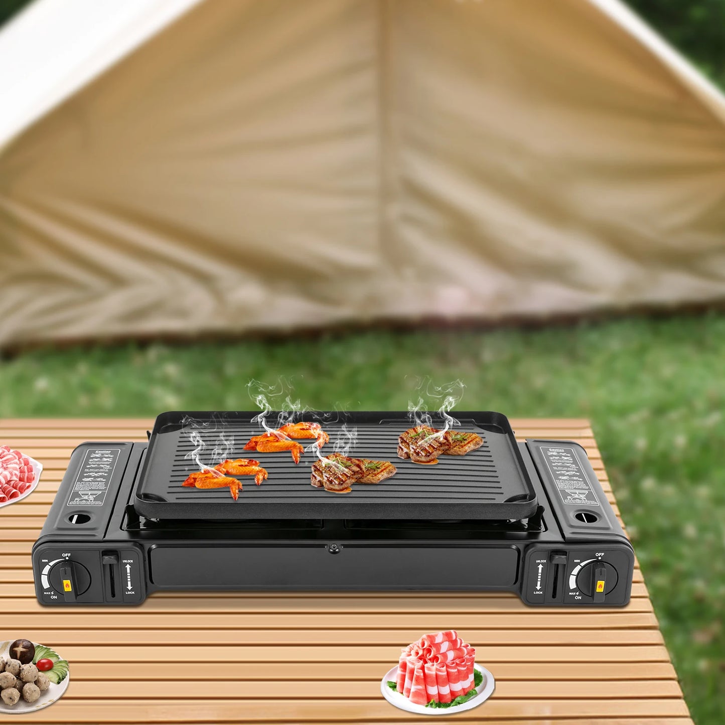 Portable Double Head Gas Stove With Baking Tray Outdoor