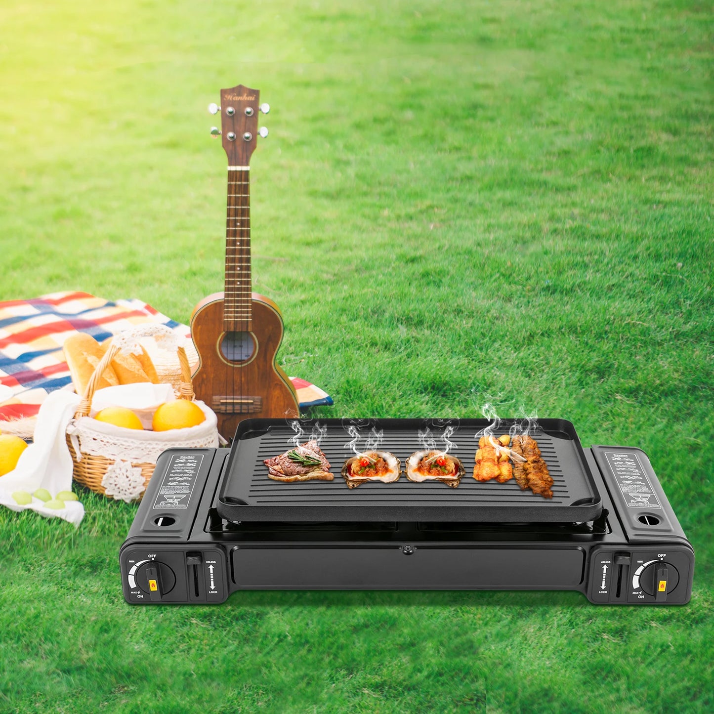 Portable Double Head Gas Stove With Baking Tray Outdoor