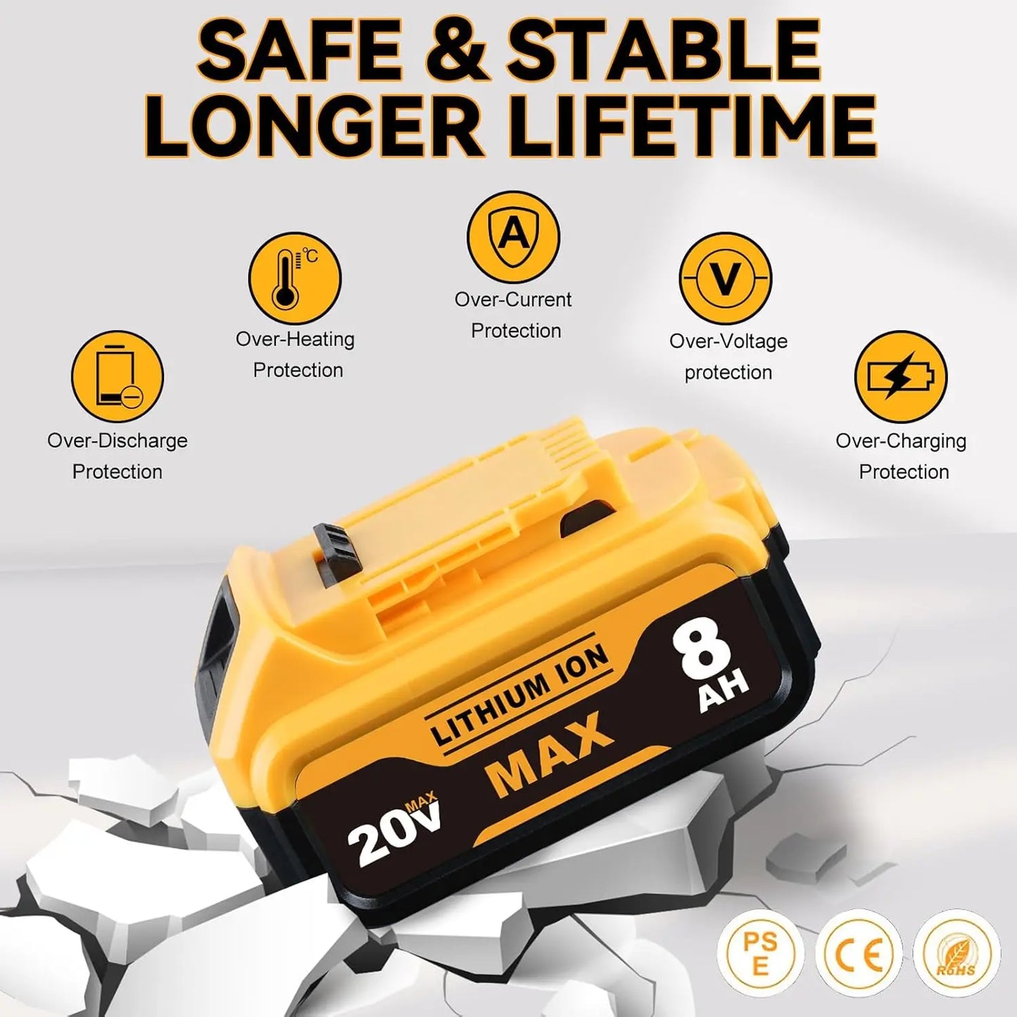 VANON 8.0Ah 20V DCB205 Battery For DeWalt Tools Lithium Ion