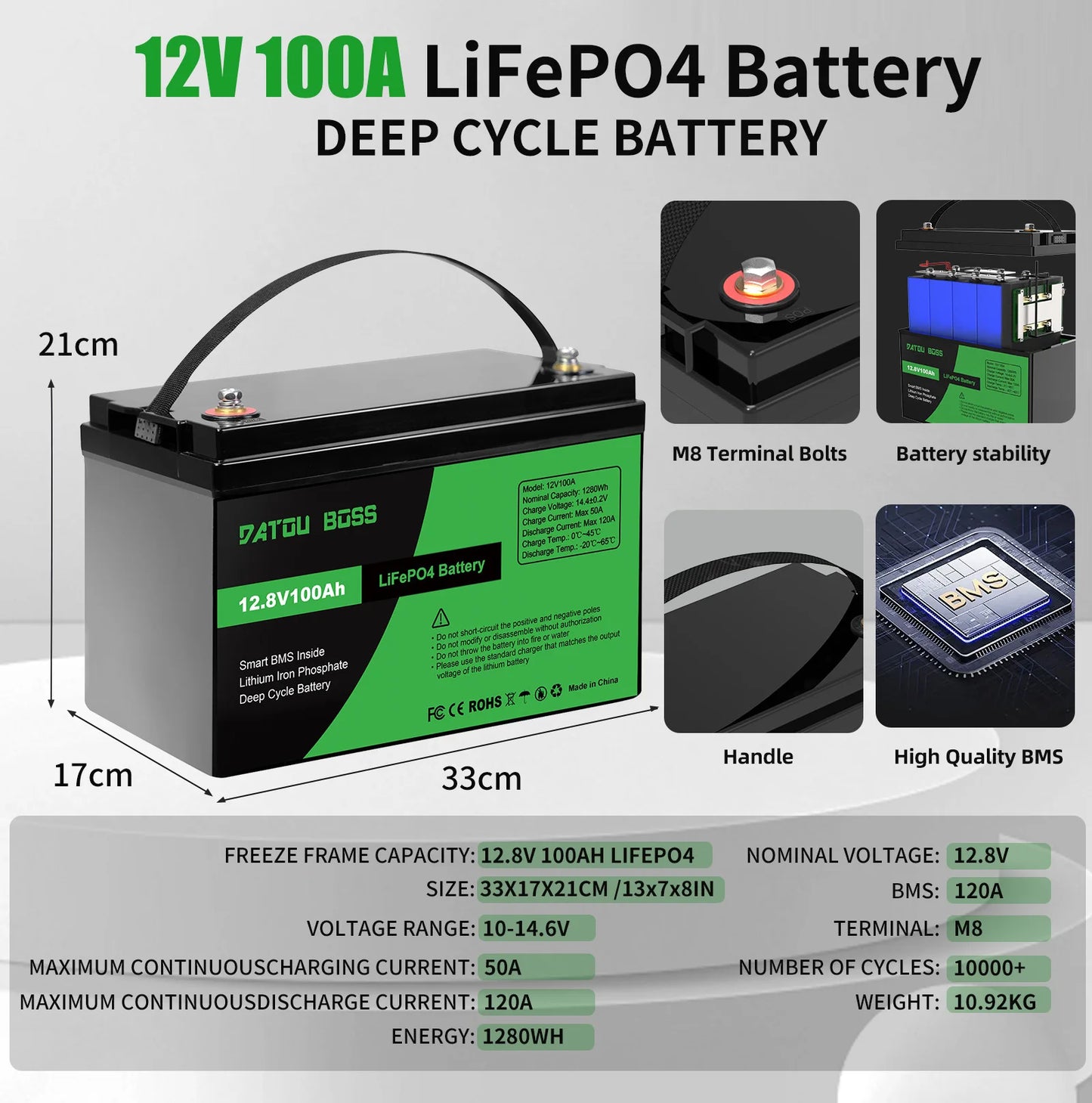 DATOUBOSS 12V 100Ah LiFePO4 Battery With 100A BMS High Cycle