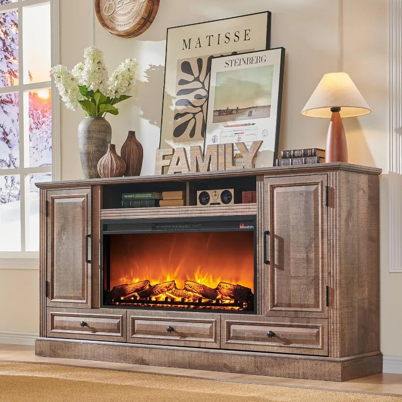 Fireplace TV Stand With Electric Fireplace And Farmhouse Storage Cabinets