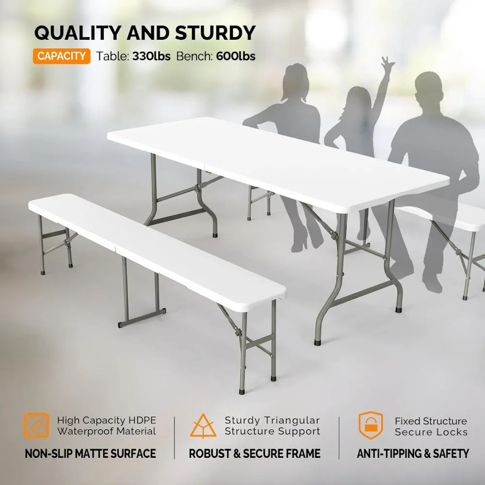 Picnic Table Set with 2 Benches, 6 Feet Camping Table Chair Set,3-Piece Folding Furniture for Indoor or Outdoor Use, Smooth Tab