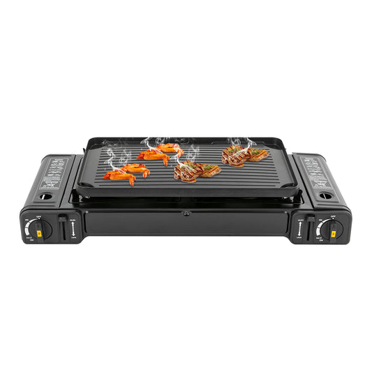 Portable Double Head Gas Stove With Baking Tray Outdoor