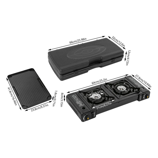 Portable Dual Burner Camping Stove With Grill Tray BBQ