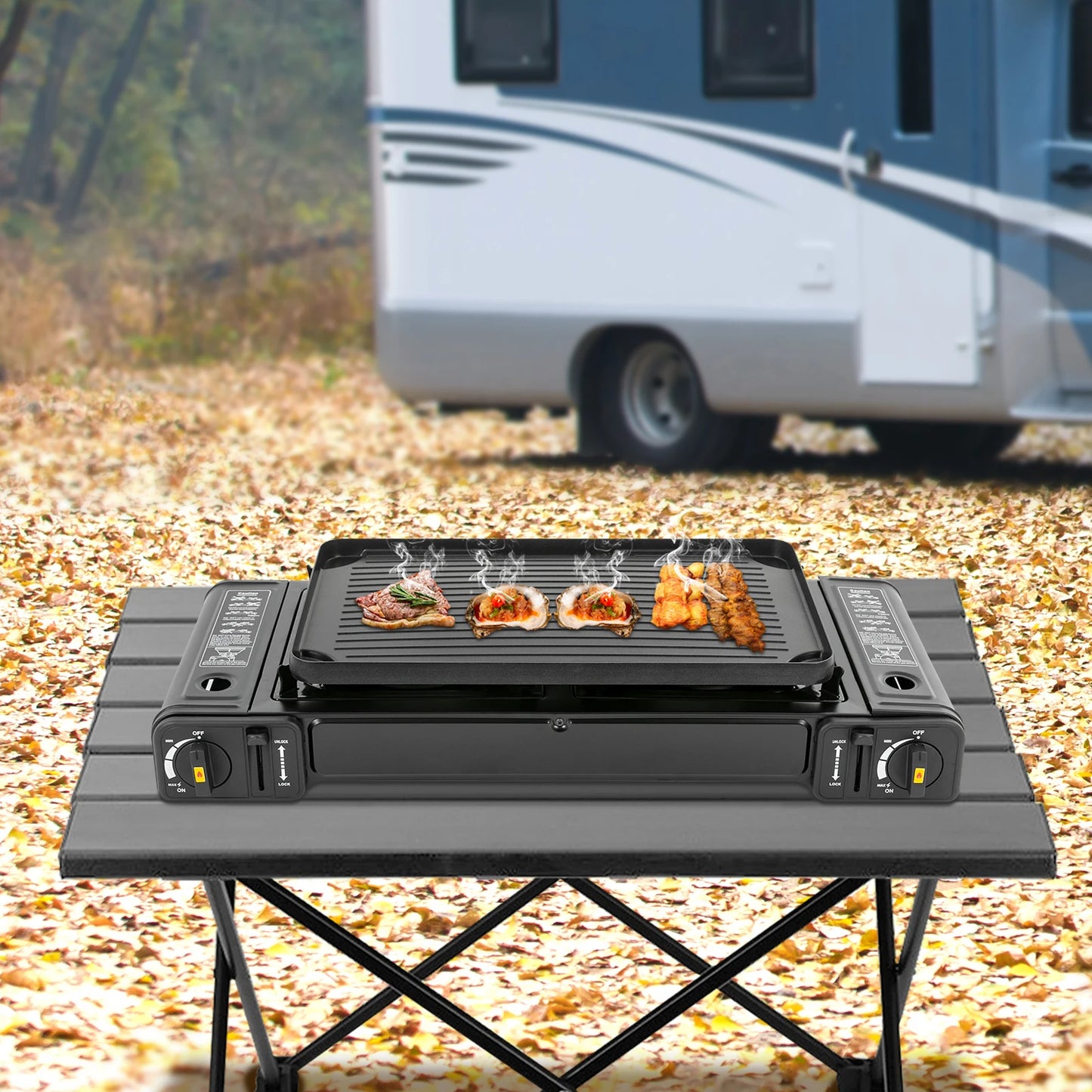 Portable Double Head Gas Stove With Baking Tray Outdoor
